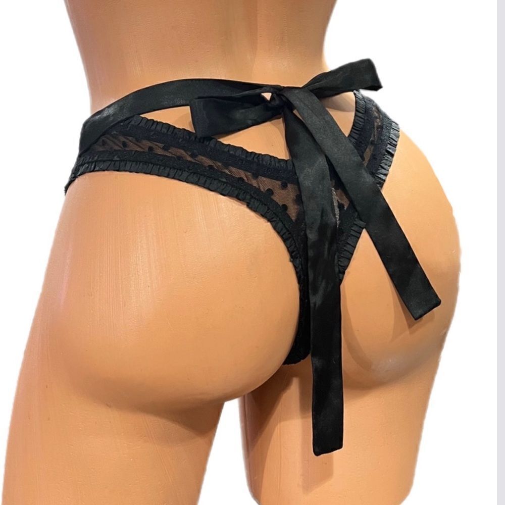 Victorias Secret Sexy Little Things Dot Mesh Satin tie on back thong panty Black